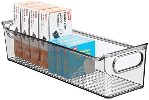 mDesign Set of 4 Plastic Storage Bin with Handles  Home Office Storage Solutions for Pens, Paper, Folders and More  Long and Stackable Storage Container  35.6 cm x 10.8 cm x 8.9 cm  Smoke Grey