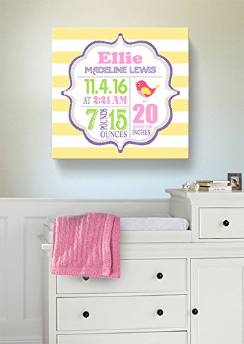 Personalized Stretched Canvas, Striped Birth Announcement, Custom Baby Name, Date, Weight Stats, Safari Lovebird Nursery Wall Decor, Wooden Frame Construction, Ready to Hang 24X24