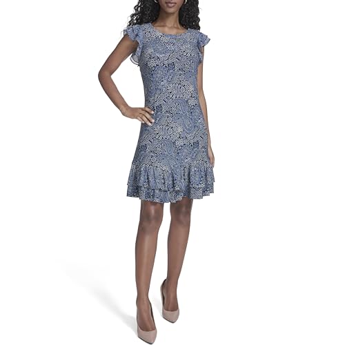 Image of Tommy Hilfiger Women's Sleeveless Crew Neck Double Ruffle Hem Jersey Shift Mini Dress