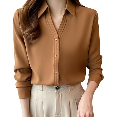 Image of Womens Blouses Long Sleeve Elegant Collared Tops Basic Business Dress V Neck Work Formal Outfits Loose Solid Color Shirt