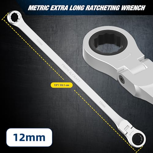 Image of PRIDE&CRAFT Extra Long Ratcheting Wrench 12mm, Metric Flex Head Double Box End, 2X Longer Wrenches, Chrome Vanadium Steel with 90-Tooth Ratchet for Automotive Repair
