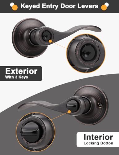 Image of Gobrico Oil Rubbed Bronze Keyed-Alike Entry Door Locks Wave Handle Lever with Same Key, 2Pack