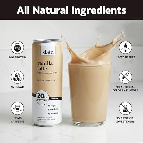 Image of Slate Milk - High Protein Iced Coffee - Vanilla Latte - 175mg Caffeine, Lactose Free Energy - 20g Protein, 1g Sugar, 100 Calories, 1g Net Carbs, No Sugar Added - Protein Coffee - 11 fl oz, 24 Cans