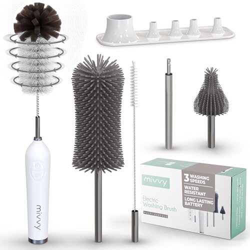 Image of Electric Bottle Brush With Stand, - 3 Speed Settings, Extension Bar, Nylon & Silicone Heads, Rechargeable Electric Baby Bottle Brush Cleaner With LED Indicator, 360° Rotating Bottle Brush Electric