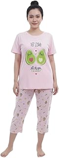 بيجامة نسائية مريحة للمنزل، طقم قطعتين، قميص وردي مع طباعة أفوكادو وبنطلون كابري منقوش، ملابس نوم قطنية