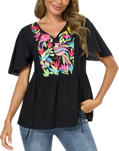 Image of Mexican Shirts Peasant Blouses for Women Cotton Embroidered Blouses Fiesta Summer Bohemian Shirts 3 /4 Sleeves
