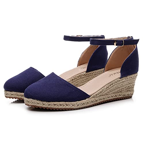 Image of Altxic Women's Closed Toe Canvas Ankle Strap Espadrilles Wedge Sandals