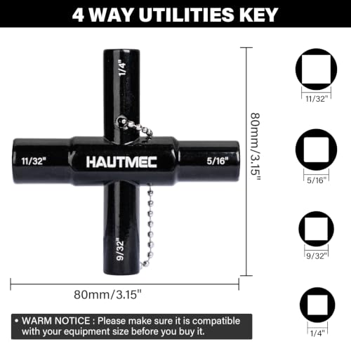 Image of HAUTMEC 4 Way Sillcock Water Key, 1 /4 inch, 9 /32 inch, 5 /16 inch, 11 /32 inch Multi-functional Cross Water Spigot Key Zinc Alloy Plumbers Electricians Valve Tools Black Silcock Key 4 Way, 1100601