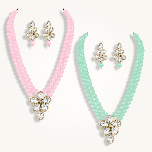 Image of Peora Crystal Faux Pearl Kundan Necklace & Jewellery Set Gift for Women