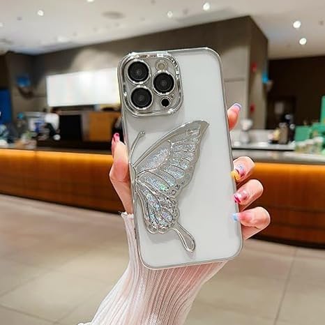 Image of Peeperly Back Cover Case for iPhone 14 Pro Max Scratch Resistant Anti-Slip TPU Shockproof Protective Durable Glowing Butterfly Transparent Case for Girls & Women(Silver)