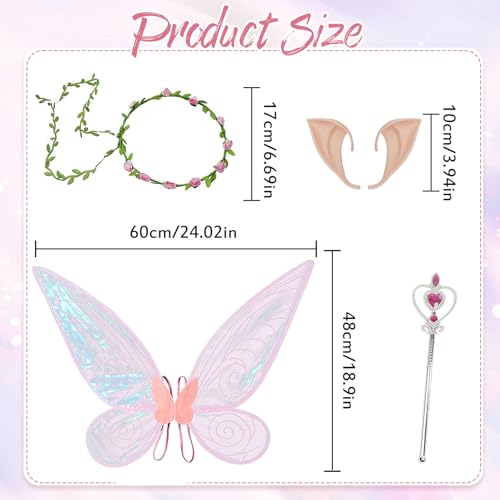 Image of TecoKart Butterfly Wings for Girls - Fairy Wings for Kids Girls Butterfly Set, Pink Fairy Wings with Flower Garland, Elf Ears and Love Sticks, Ideal for Girls Birthday Party