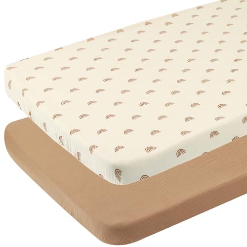 Image of Onacosht Muslin Pack and Play Sheets 30" x 43" Compatible with 4moms Breeze Plus Playard & Breeze Go Playard and Other Large Playpen Mattress, 100% Cotton 2 Pack, Natural and Rainbow
