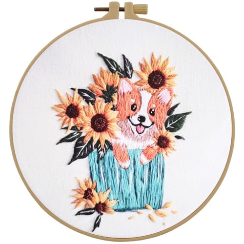 Image of Esffaci Embroidery Starter Kit for Adult Beginner with Dog Sunflower Pattern Hand Embroidery Set with Embroidery Cloth Hoop Needle Threader Embroidery Floss and Instruction