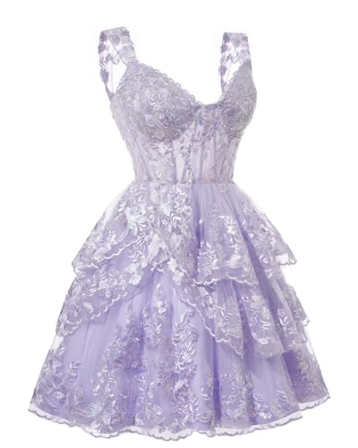 YOFF Sparkly Tiered Lace Homecoming Dresses Corset for Teens Spaghetti Straps Puffy Short Prom Cocktail Gowns YO1273