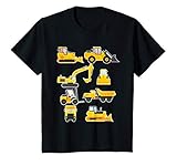 T Shirt Bagger mit 14 Fahrzeugen auf der Baustelle wie Betonmischer Planierraupe Schaufelbagger Abrissbirne Gabelstapler LKW Dampfwalze Lastwagen etc. für Jungen und Mädchen.