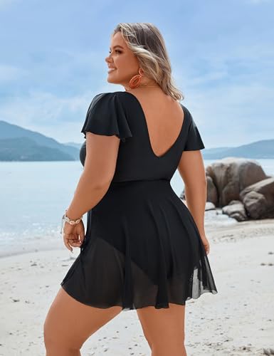 BMJL Women's Plus Size Swimsuit One Piece Tummy Control Bathing Suit Ruffle Sleeve Swim Dress3