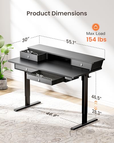 ErGear Electric Standing Desk with 4 Drawers, 55\" x 30\" Height Adjustable Desk with Storage, C-Clamp Mount Compatible, Computer Home Office Table with Cable Management Tray, Black