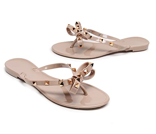Studded Jelly Shoes for Womens Bow Flip Flops Jellies Sandals Flat Black Summer Beach Thong with Rivets Strappy Slides Slip On2
