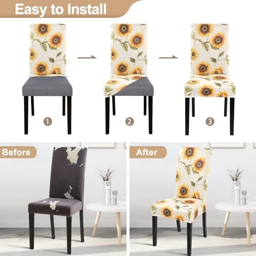 Image of SearchI Printed Dining Room Chair Covers Set of 4, Stretch Kitchen Chair Covers Washable Parsons Chair Slipcover Removable Dining Chair Protectors for Hotel,Ceremony(Sunflower)
