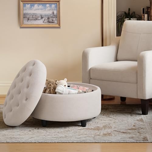 COLAMY Fabric Round Storage Ottoman with Reversible Tray Lid β Multi-Functional Footrest, Hidden Storage, Sturdy & Stylish Small Coffee Table for Living Room, Bedroom, or Entryway(Beige)