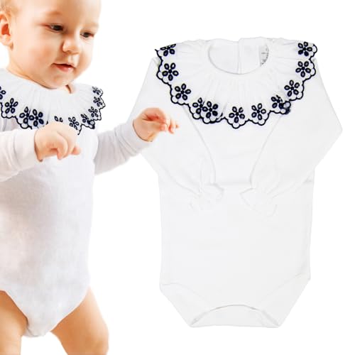 BOD HOME. Body Para Bebés, Manga Larga, Cuello Redondo con Volante Bordado, Unisex, Algodón, Hasta 24 Meses, Body Color Blanco, Cómodo, Suave, Ideal Para el Día a Día.