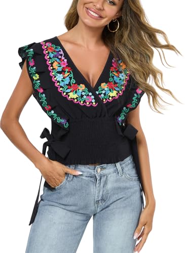 YZXDORWJ Women Mexican Embroidered Off-Shoulder Shirt Lace Falbala Top3