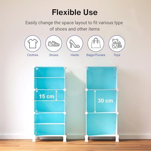 Image of BOXJOY 6 Shelf Shoe Rack with 3 Doors, Magnets, 5 Hook Steel Holder & Wooden Hammer for Home Storage PP Plastic Organizer with Metal Door Frame to Cover Chappal Slipper Sandals Shoes Box Stand (Blue)