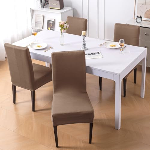 Image of HOKIPO 'SereneSolids' 140 GSM Polyester Blend Dining Chair Cover Set of 4, Dark Camel (AR-6246-DCML)