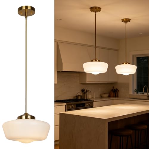 Schoolhouse Pendant Light Fixture, 12" Brass Hanging Light with Opal Milk Glass Shade, Adjustable Farmhouse Globe Pendant Light for Kitchen Island, Dining Room, Hallway, Entryway, Laundry, Bedroom