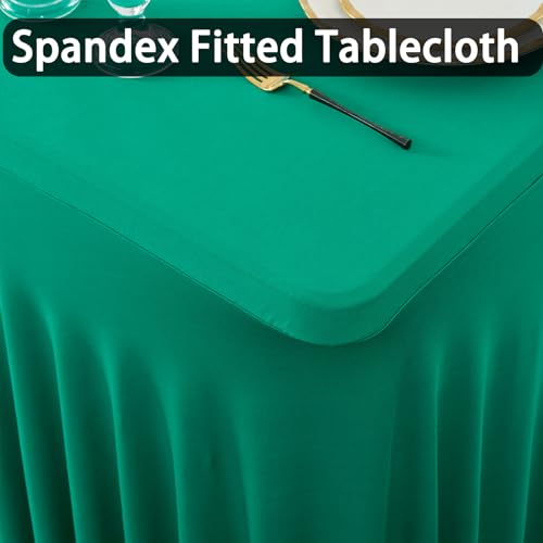 Image of 3 Pack Emerald Green Spandex Tablecloth for 8 Foot Rectangle Tables, Wrinkle Free Fitted Table Cloth Cover 8ft Green Stretchy Tablecloths with Skirt for Parties Weddings Birthday Banquet Baby Shower