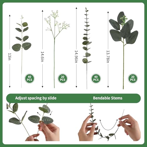 Ecerangus 120 Pcs Mixed Artificial Eucalyptus Leaves Stems Bulk,Baby Breath Artificial Flowers Bulk with Eucalyptus Leaves Greenery Stems for DIY Bouquets Wedding Floral Home Decor (Green-120pcs) by Ecerangus - Image 4