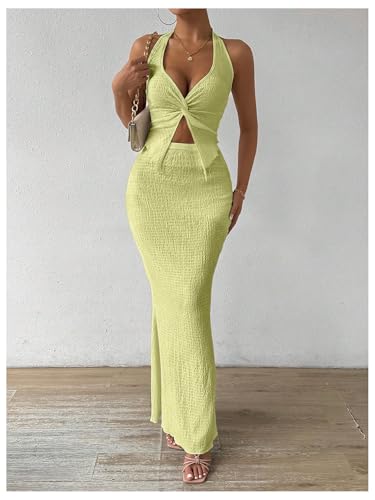 Image of SOLY HUX Women's Two Piece Outfits Twist Front Halter Cami Tops and Skirt Summer Set