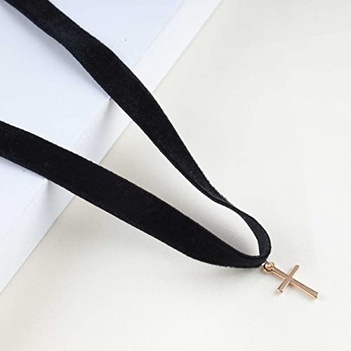 Iaceble Gothic Velvet Choker Necklace Cross Pendant Necklace Short Suede Collar Necklace Black Wide Choker Necklace Jewelry For Women And Girls #TOP4