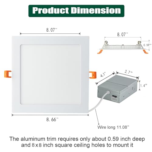 QIBANG Square Led Recessed Light 8 Inch Dimmable with Junction Box,3CCT 3000K/4000K/6000K Selectable,1600LM CRI90+18W Ultra-Thin led recessed Light Square Canless Downlight High Brightness,1 Pack by QIBANG - Used condition - Image 4