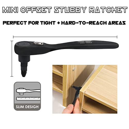 Low Profile Right Angle Ratcheting Screwdriver Set - Mini Ratchet Set Includes 50 Screwdriver Bits Included (Hex, Square, Pozidrive, Phillips, Torx Slotted, Triangle) #TOP5