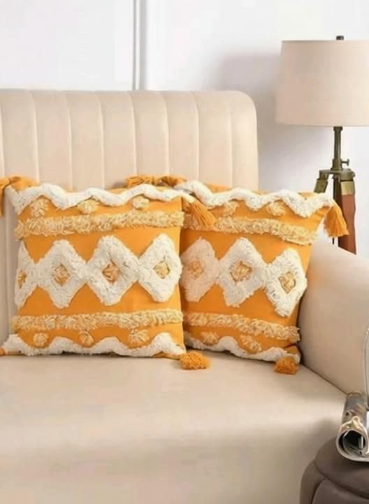 Image of Cushion Cover Pack of 4 (16x16 Inches) | Cotton Textured Decorative Throw Pillow Case for Sofa Bed Living Room Tufted Cushion Cover with Tassels (Yellow)