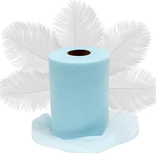 Light Blue Tulle (6"X100 Yards) And 20 Pcs Ostrich Feathers (10-12") Bundle #TOP21