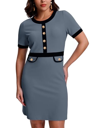 SeSe Code Women's Color Block Modest Work Dress Short Sleeve Business Dresses Button Crew Neck Elegant Bodycon Grey S
