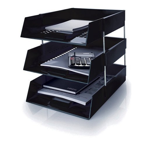 5 Star Black A4 Plastic Letter File Trays, Including Risers. (4 Trays/3 Riser Sets)