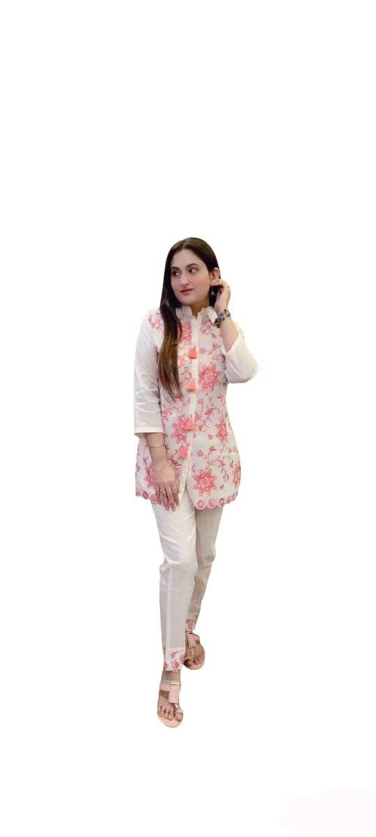 Pink Floral Embroidery White Cotton Kurti Pant Set