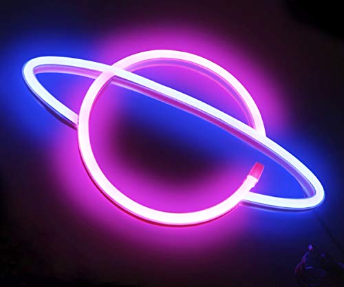 XIYUNTE Planet Neon Light Pink/Blue Led Signs Wall Decor, Battery or USB Operated Planet Lamp Blue Planet Neon Signs Light up for Home,Kids Room,Bar,Festive Party,Christmas,Wedding
