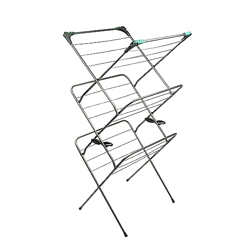 Addis 3 Tier Indoor Clothes Drying Airer Rack with 18 metres drying space, Fold out corner hooks for hangers, Metallic Silver