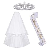 Bachelorette Party Supplies Bride To Be Decorations Kit-White Double Ribbon Edge Center Cascade Bridal Wedding Veil with Comb,Sash and Rhinestone Tiara Crown for Bridal Shower Favor,Hen Party Decor