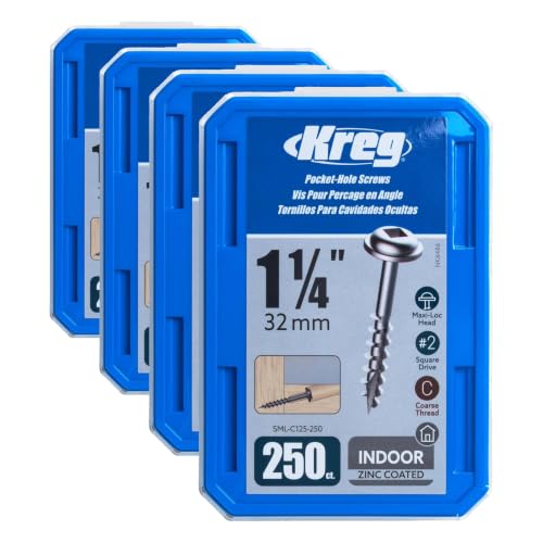 Image of Kreg Zinc Pocket-Hole Screws - SML-C125-250 - 1-1 /4 Inch - Coarse Thread - Maxi-Loc Head - Indoor - 250 Count (Pack of 4)
