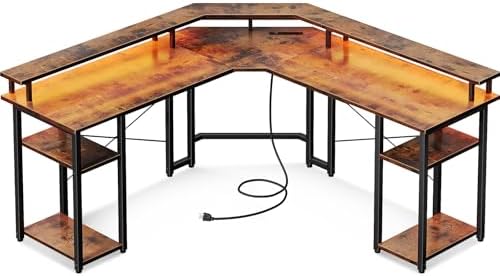 Coleshome L Shaped Gaming Desk with LED Lights & Power Outlets, Reversible 56" Computer Desk with Full Monitor Stand & Storage Shelves, Ergonomic Home Office Corner Desk, Vintage