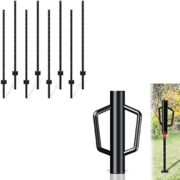 Metal Fence Post Black 4.8 feet, Pack of 8 Bundle Post Driver 12LB