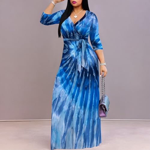 Image of SUZONANA Plus Size Maxi Dresses for Women 3 /4 Sleeve Wrap Boho Long Dress Blue Tie Dye Summer Beach Vacation Cruist Outfits