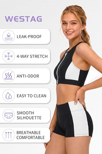 Image of Period Swimwear Sporty Two Piece Menstrual Leakproof Swimsuit Zipper Boyshort Bikini Sets for Teen Girls