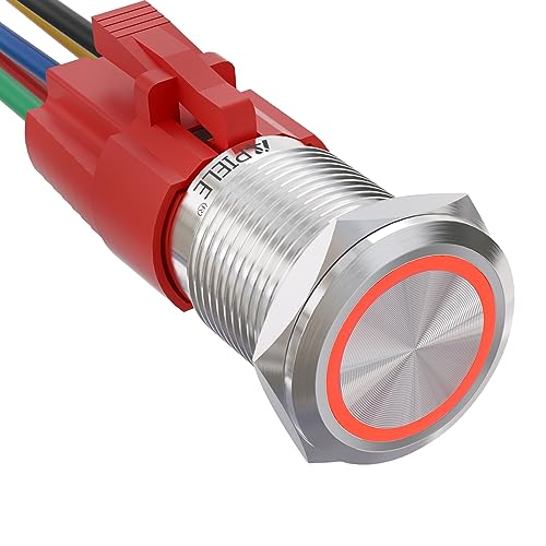 Image of APIELE 16mm Latching Push Button Switch 12V On Off Stainless Steel with LED Angel Eye Head for 0.63 inch Mounting Hole with Wire Socket Plug Self-Locking(Red)