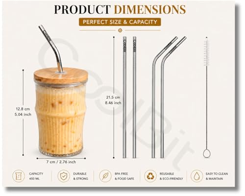 Image of COOLBIT 350ml Glass Tumbler with Bamboo Lid & 4 PCS Stainless Steel Straw+Cleanig Brush, Reusable Ribbed Drinking Glass Cup for Coffee, Juice, Smoothies & Water.